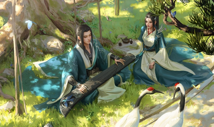 Man plays Guzheng for a woman with cranes nearby