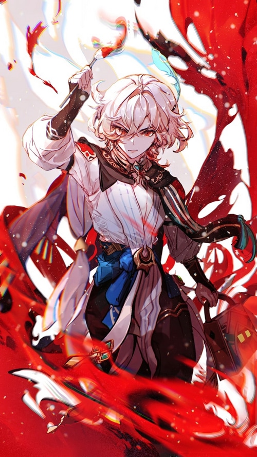 Genshin Impact character with blonde hair and red eyes