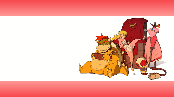 Bowser, Princess Peach, and Toad playing video games