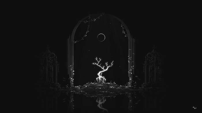 Monochrome arch with glowing tree and reflection