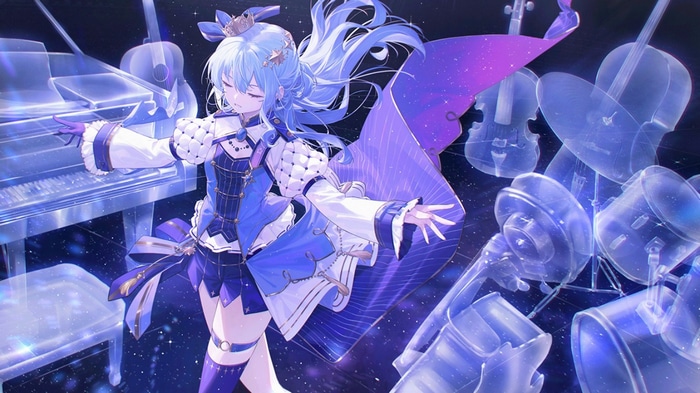Hoshimachi Suisei playing piano with musical instruments