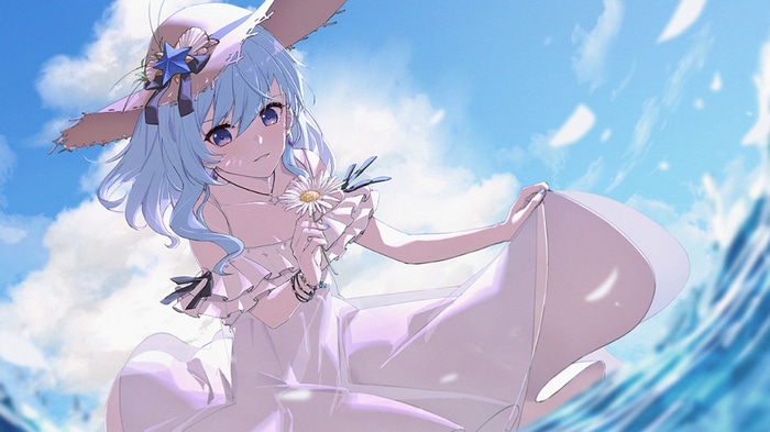 Hoshimachi Suisei holding a flower by the water