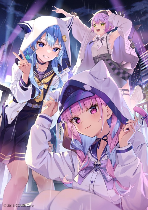 Hoshimachi Suisei, Minato Aqua, and Tokoyami Towa in the Rain