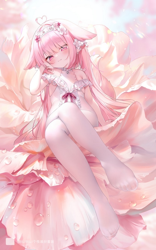 Pink-haired anime girl with bunny ears sitting in a flower