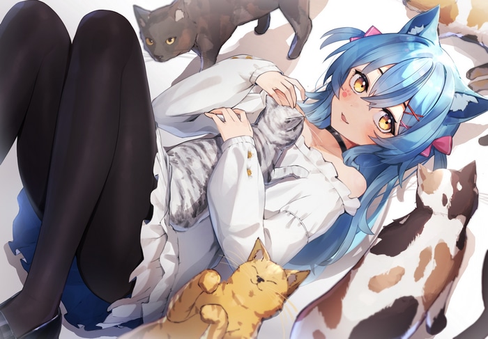 Anime cat girl with blue hair and yellow eyes surrounded by cats