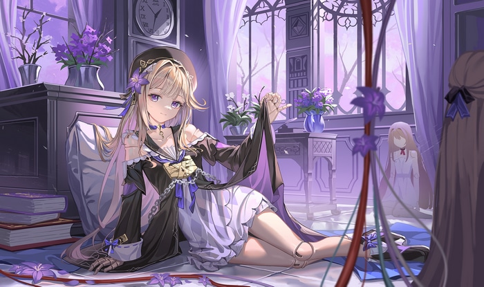 Herta from Honkai: Star Rail in a purple room