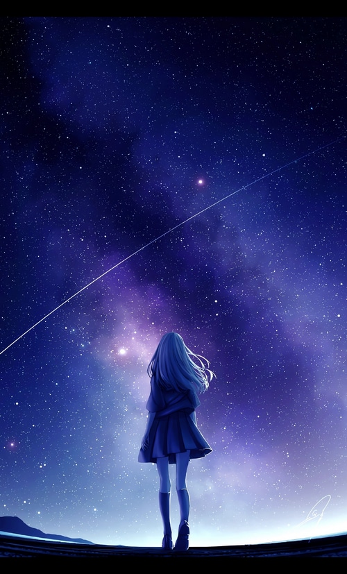 Anime girl standing under a starry night sky