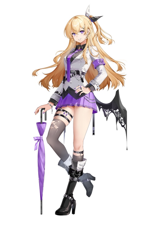 Anime girl with blonde hair and purple eyes holding umbrella