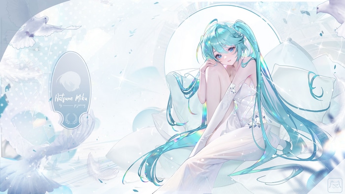 4K Hatsune Miku Sitting on Pillows with Doves