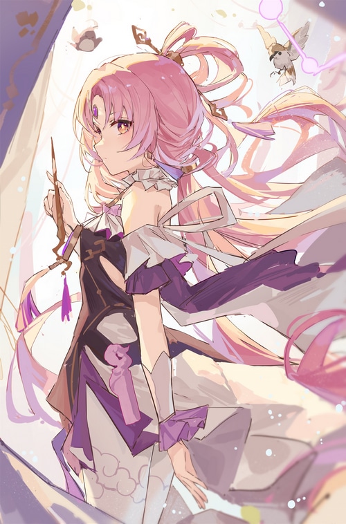 Fu Xuan with pink hair and a bird in Honkai: Star Rail