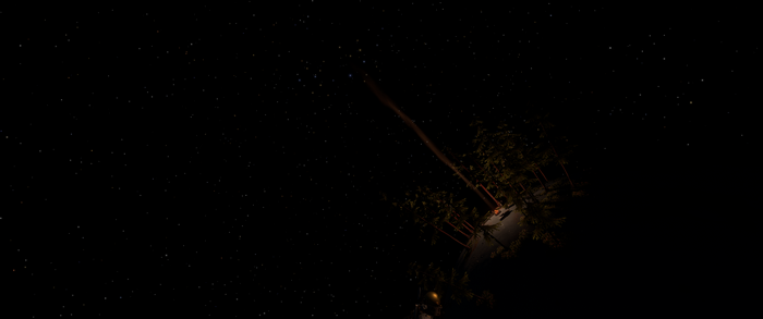 Outer Wilds campfire in a forest at night