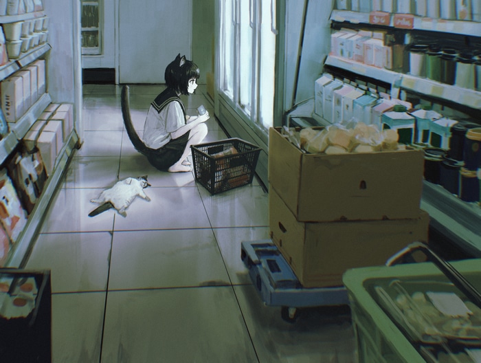 Cat girl in school uniform at a convenience store