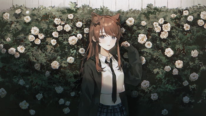 Cat girl in school uniform with white roses