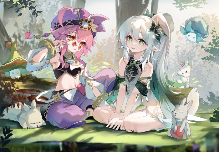 Dori and Nahida from Genshin Impact in a forest
