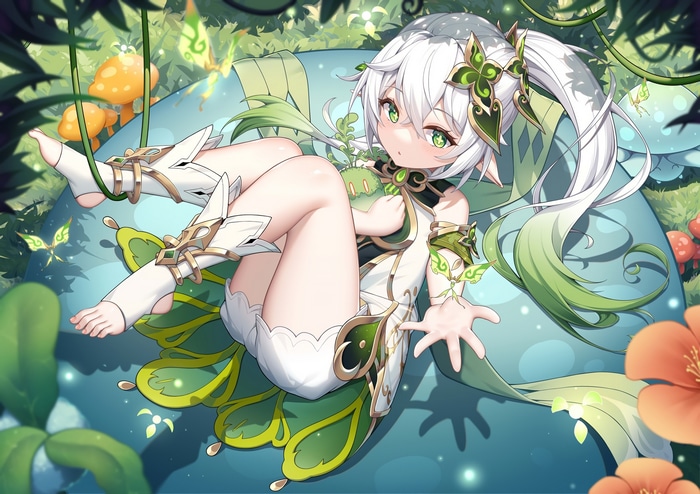 Nahida lying down in a forest with flowers and mushrooms