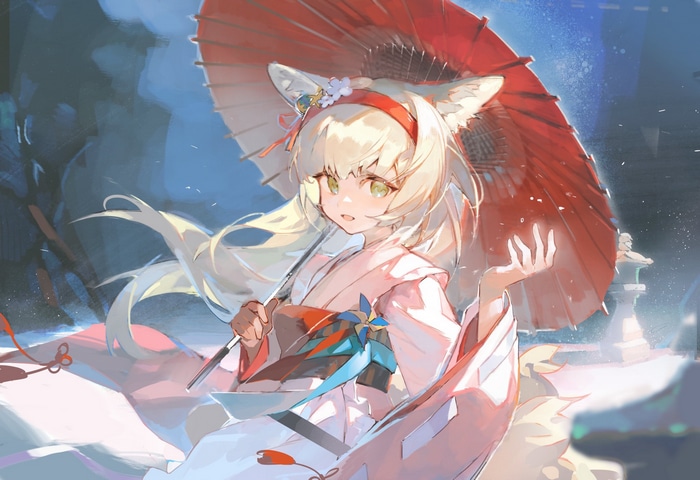 Suzuran with a red umbrella in a kimono