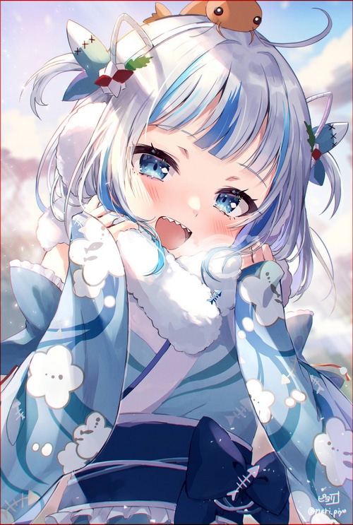 Gawr Gura in a blue kimono with fluffy trim