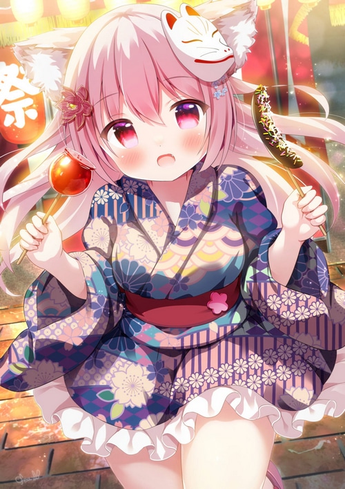 Fox girl in kimono with fox mask eating sweets