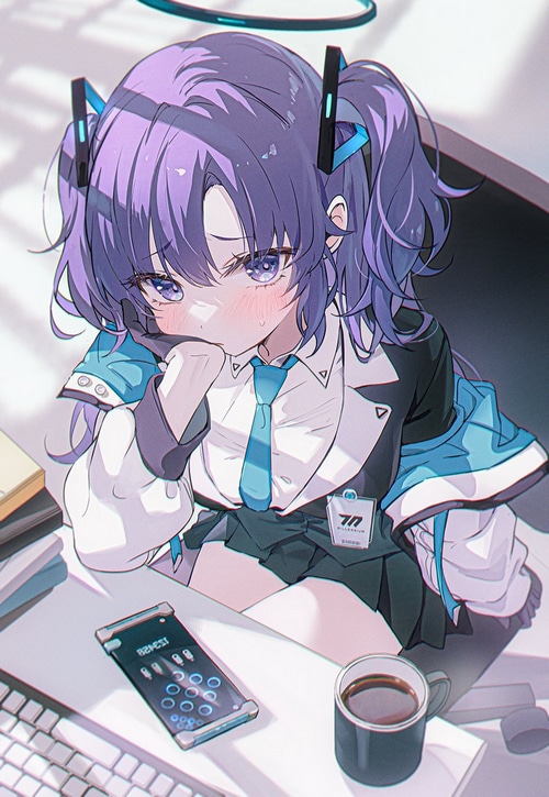 Hayase Yuuka blushing with hand on face in Blue Archive