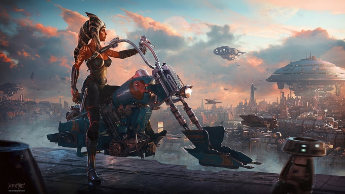 4K Ahsoka Tano on a speeder bike in a futuristic city