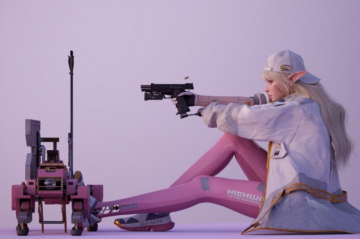 Cyberpunk woman with pointy ears and gun