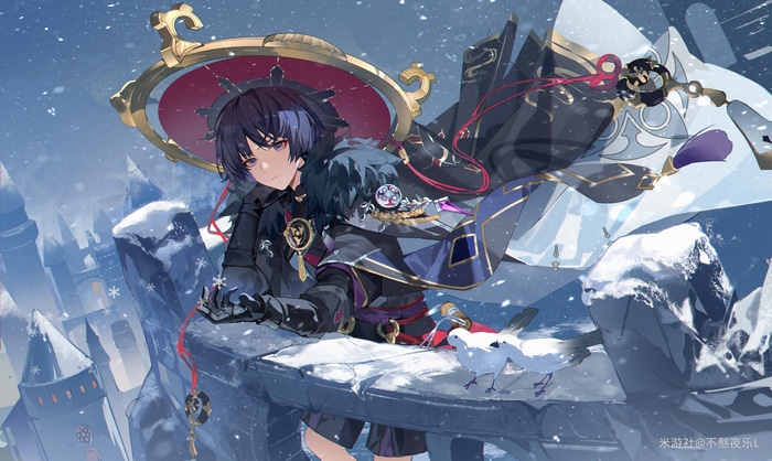 Genshin Impact Wanderer in a snowy landscape with birds