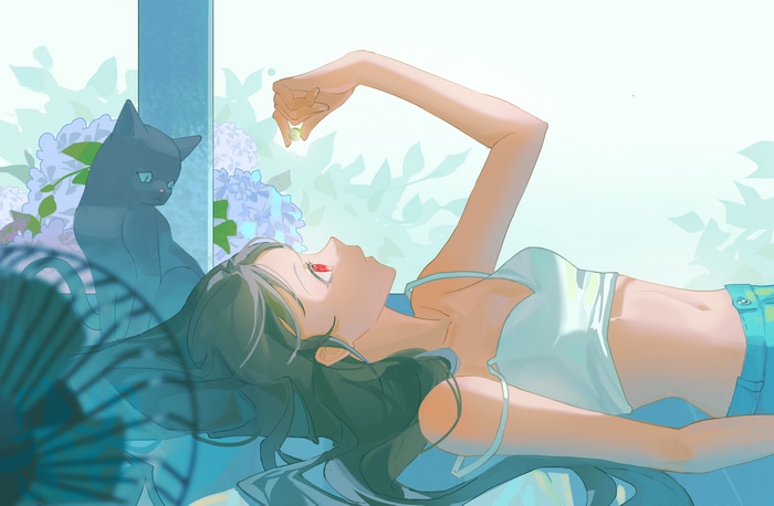 Girl with red eyes and black cat by flowers
