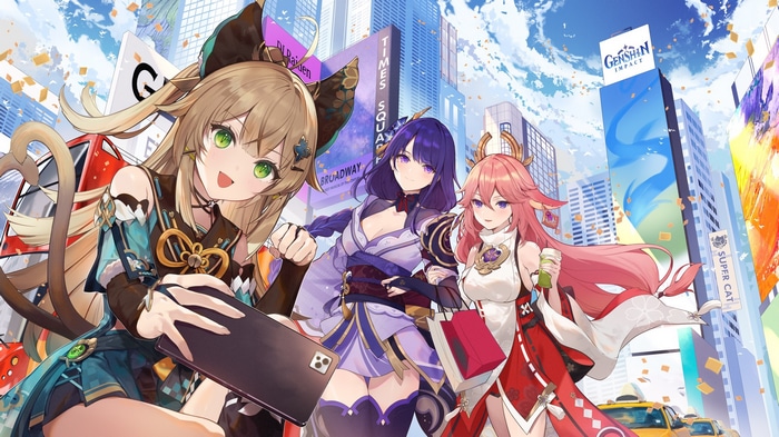 Genshin Impact characters Kirara, Raiden Shogun, and Yae Miko in Times Square