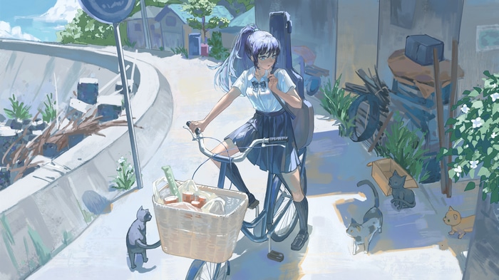 Schoolgirl with ponytail riding a bicycle with a guitar case