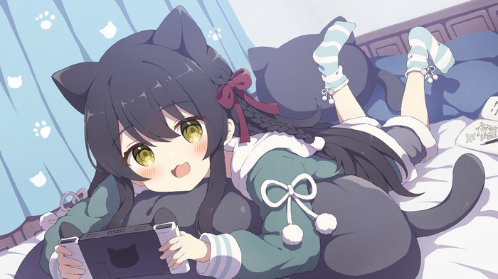 Anime cat girl playing video games in bed