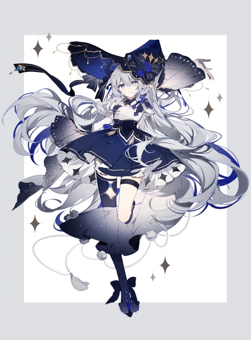Anime girl with long white hair and witch hat