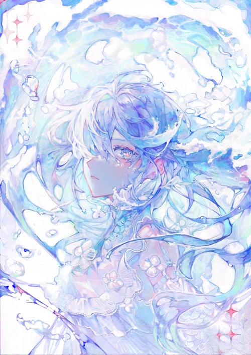 Anime girl with blue hair and blue eyes surrounded by water