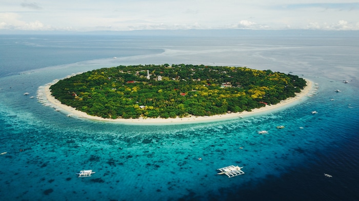 4K aerial view of a tropical island with lush trees and clear blue water