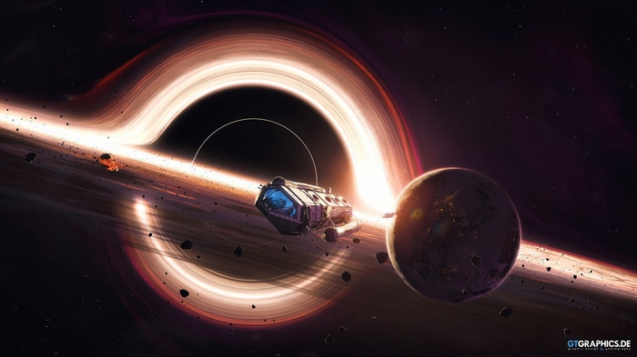 Spaceship near a supermassive black hole and planet