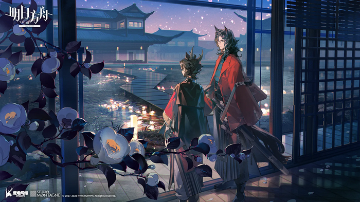 Arknights characters by a window with lanterns