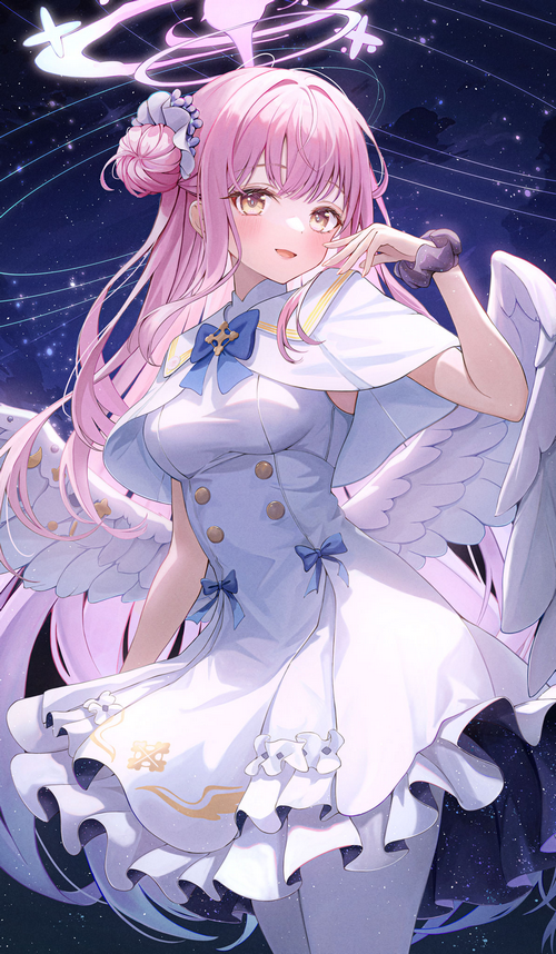 wings, pink hair, dress, Blue Archive, bow tie, stars, Misono Mika ...