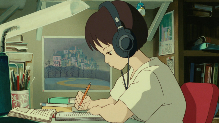 Shizuku Tsukishima studying with headphones