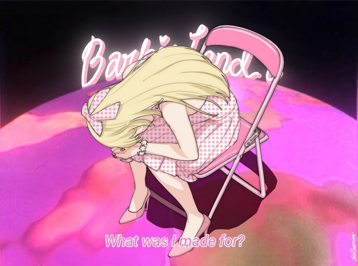 Barbie Land with a sad blonde girl on a chair