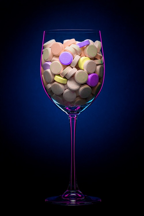 Glass filled with colorful pills on a dark blue background