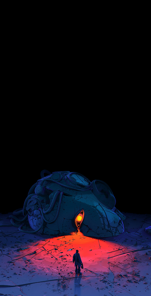 Sci-fi machine with glowing eye and lone figure