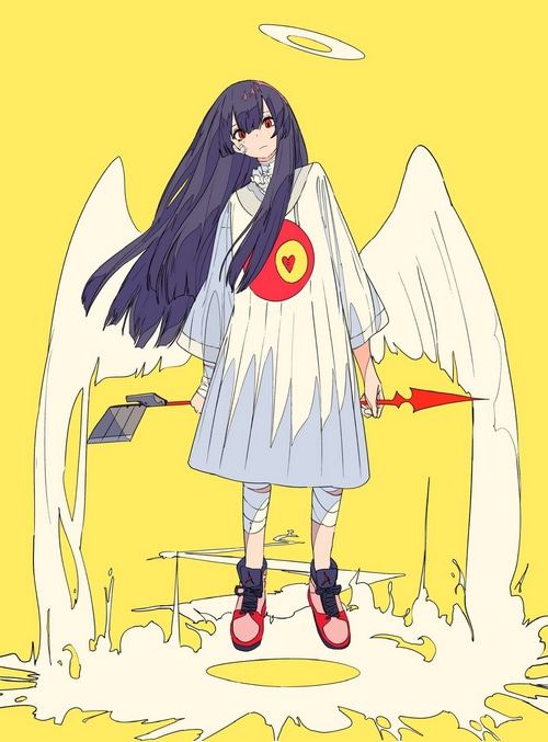 Anime girl with wings and halo holding weapons
