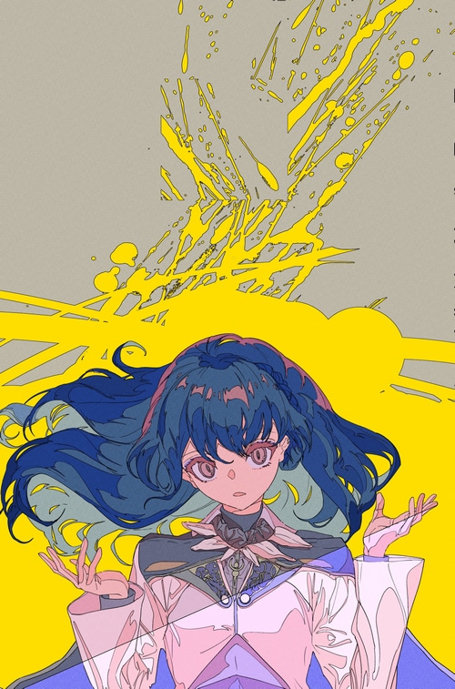 Anime girl with dark blue hair and yellow background