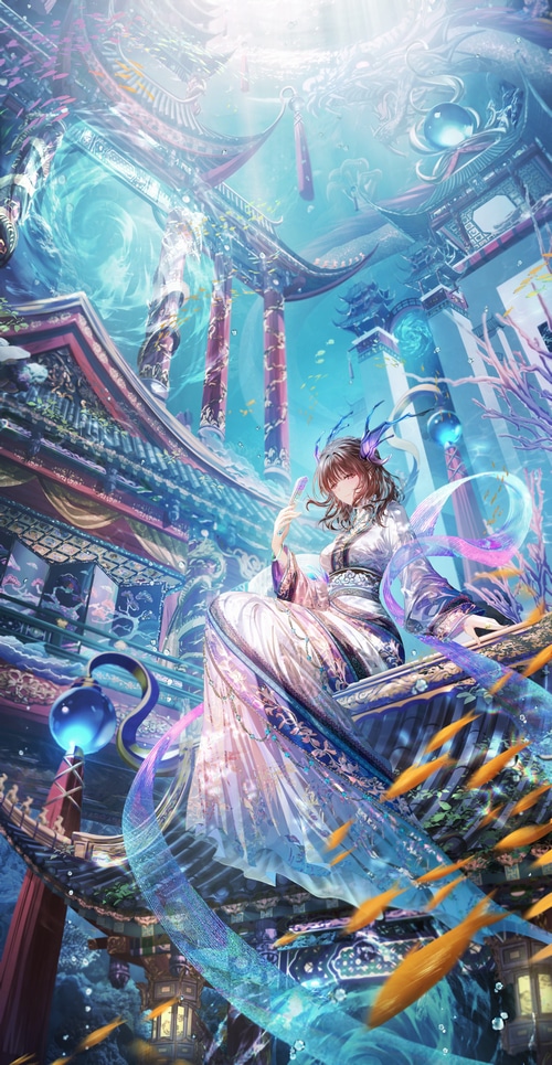 Anime girl in underwater Asian architecture with fish