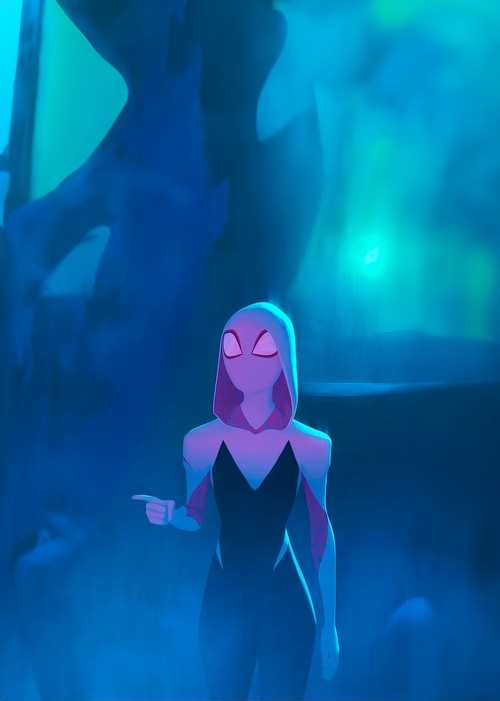 Spider-Woman pointing in a blue and green environment