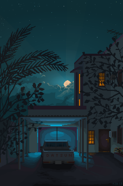 Pixel art night scene with Datsun truck under moonlight
