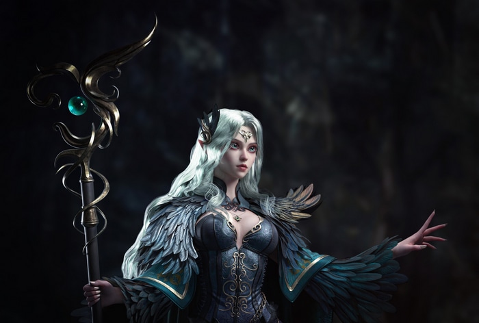 Fantasy Sorceress with Staff and Feathered Robes