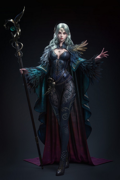 Sorceress with a staff and feathered cloak