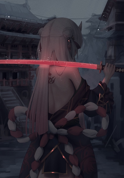Nakiri Ayame with a glowing red sword