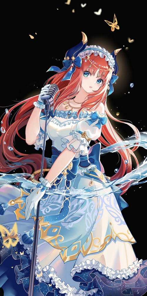 Nilou from Genshin Impact singing with a microphone