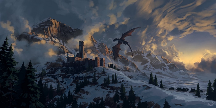 Dragon flying over a snowy medieval castle